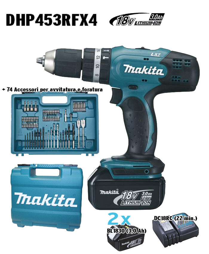 MAKITA SUPERKIT 18VP-3Ah DHP453RFX4 CON 2 BATTERIE